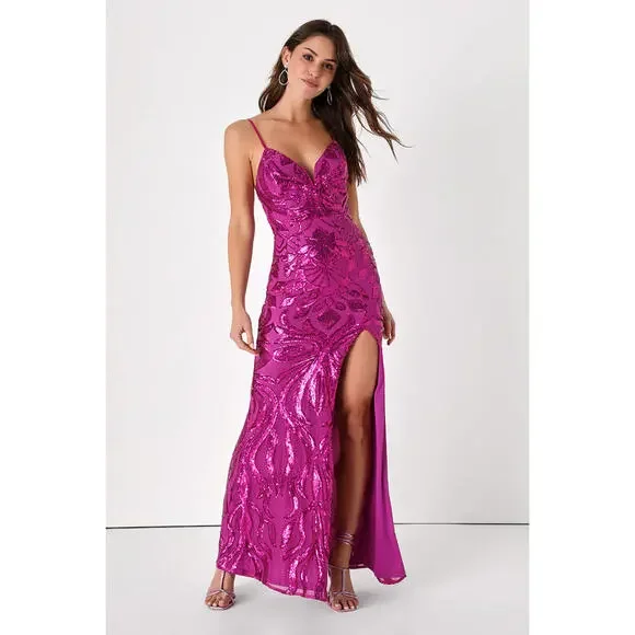 chinese dress ladies Denver Magenta Mermaid Prom Dress with Slit main image 1